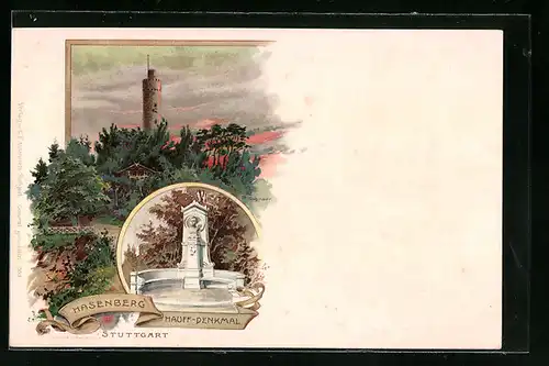 Lithographie Hasenberg, Turm und Hauff-Denkmal
