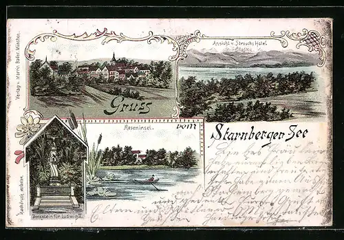 Lithographie Starnberg, Starnberger See mit Roseninsel, Ansicht v. Strauchs Hotel