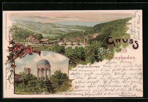 Lithographie Wiesbaden, Bergbahn und Tempel Neroberg