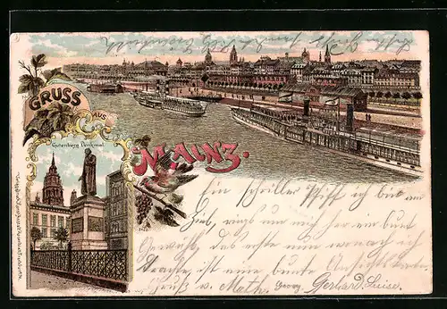 Lithographie Mainz, Totalansicht mit Gutenberg Denkmal