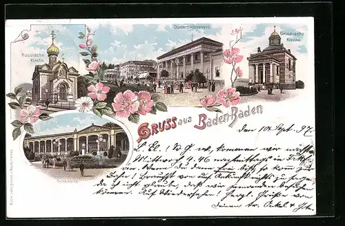 Lithographie Baden-Baden, Conversationshaus und Griechische Kirche