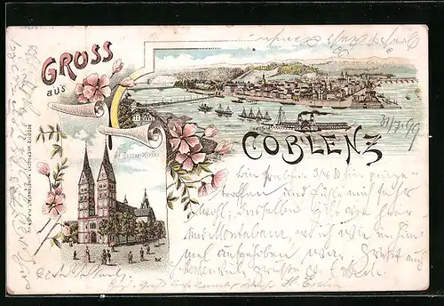 Lithographie Coblenz, Totalansicht mit St. Castor-Kirche