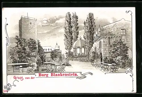 Lithographie Blankenstein, Burg Blankenstein mit Gaststätte