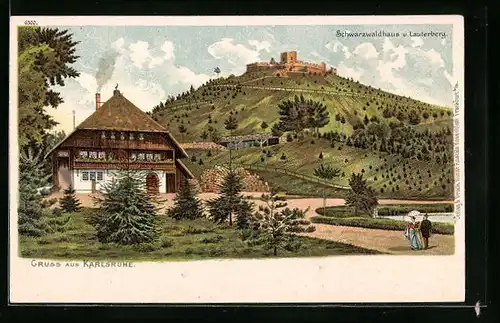 Lithographie Karlsruhe, Blick auf Schwarzwaldhaus u. Lauterberg