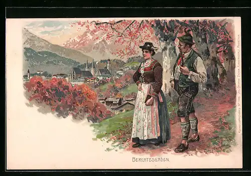 Künstler-AK Fritz Bergen: Berchtesgaden, Paar in Tracht blickt auf die Stadt