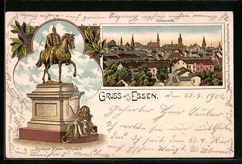 Lithographie Essen, Totalansicht mit Denkmal Kaiser Wilhelm I.