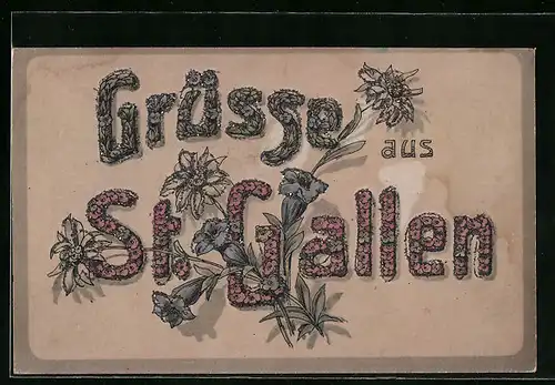 Künstler-AK St. Gallen, Schrift aus Blumen mit Enzian und Edelweiss, Glitzer