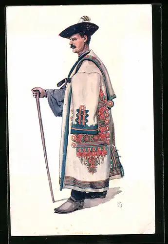 AK Ungarischer Hirte mit Mantel und Stab