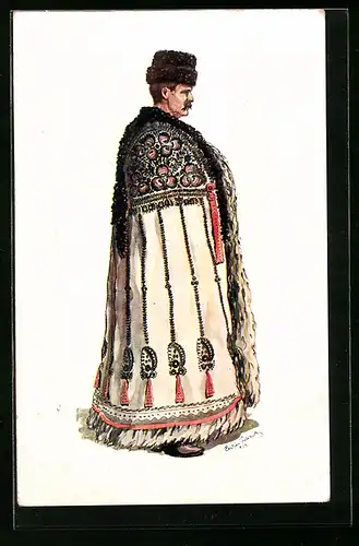 Künstler-AK Mezökövesd, Matyó im Pelzkragen