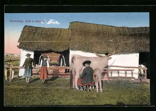 AK Hortobágy, Bauer beim Melken und Paar in Tracht vor Bauernhaus