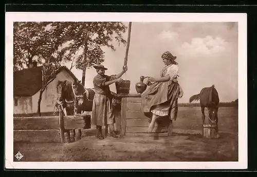 AK Mann und junge Frau an einem Brunnen in der Puszta