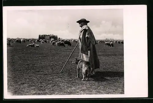 AK Hortobágy, Schäfer mit Hund und Herde