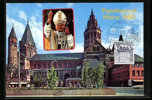 AK Mainz, Papstbesuch Papst Johannes Paul II. 1980, Dom und Geschäft