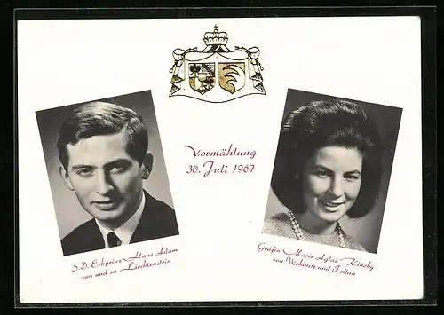 AK Vermählung von Erbprinz Hans Adam von Liechtenstein mit Gräfin Marie Aglae Kinsky von Wchinitz und Tettau 1967