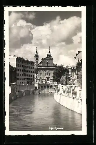 AK Ljubljana, Ortspartie mit Brücke und Kirche