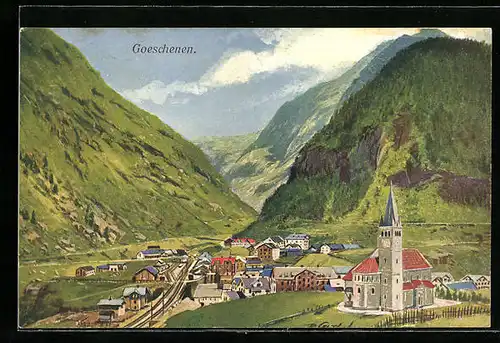 Künstler-AK Goeschenen, Teilansicht mit Kirche und Bergen
