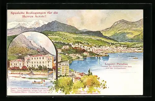 AK Lugano-Paradiso, Pension Villa Carmen u. Riviera Deutsches Haus, Teilansicht