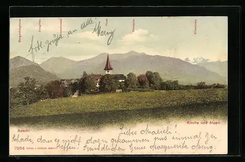 AK Aeschi, Kirche und Alpen mit Jungfrau, First und Dreispitz