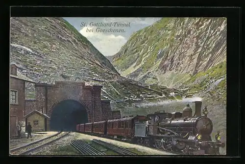 AK Goeschenen, der St. Gotthard-Tunnel mit Eisenbahn