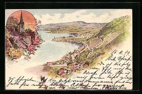 Lithographie Montreux, Blick auf den Ort und den See