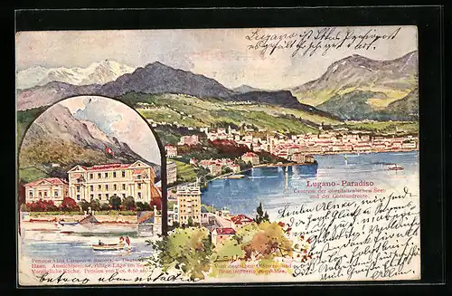 Künstler-AK Lugano-Paradiso, Pension Villa Carmen und Riviera