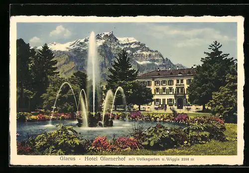 AK Glarus, Hotel Glarnerhof mit Volksgarten u. Wiggis
