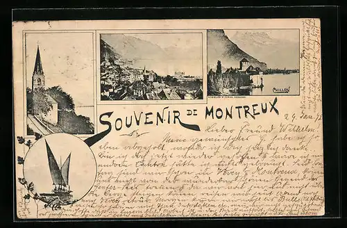 Vorläufer-AK Montreux, 1895, Blick auf den Ort und Boote auf dem See