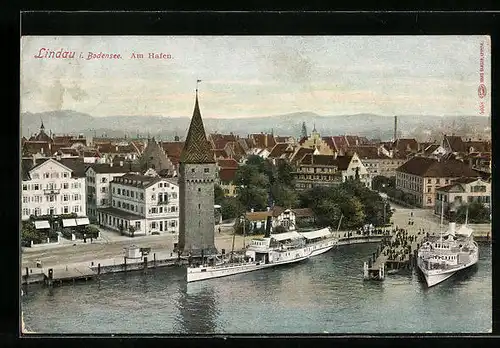 AK Lindau i. Bodensee, Blick auf den Hafen mit Dampfern