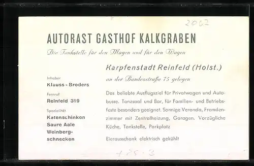 AK Reinfeld i. H., Gasthof Kalkgraben an der Bundesstrasse 75, mit Tankstelle