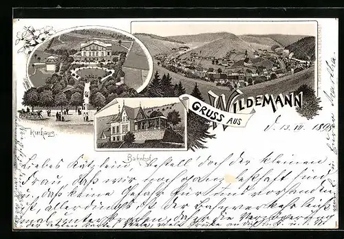 Lithographie Wildemann, Bahnhof, Gesamtansicht, Kurhaus