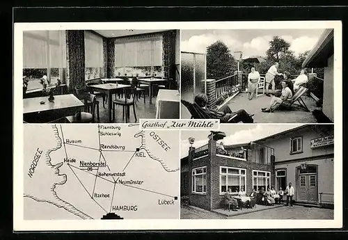 AK Nienborstel über Rendsburg, Gasthof Zur Mühle mit Terasse und Landkarte