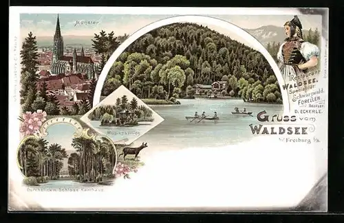 Lithographie Freiburg i. B., Teilansicht mit Münster, Waldsee