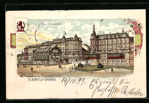 Lithographie Elberfeld-Barmen, Neuer Schwebebahnhof mit Schwebebahn, Wappen
