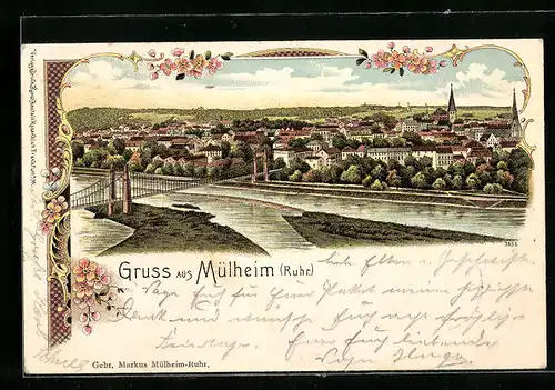 Lithographie Mülheim /Ruhr, Stadtpanorama mit Ruhrbrücke