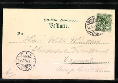 Lithographie Mülheim /Ruhr, Stadtpanorama mit Ruhrbrücke