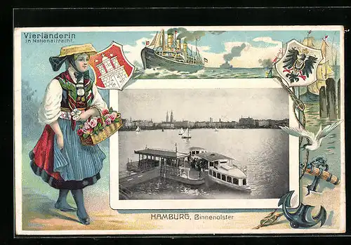 Passepartout-Lithographie Hamburg, Partie an der Binnenalster, Vierländerin, Wappen