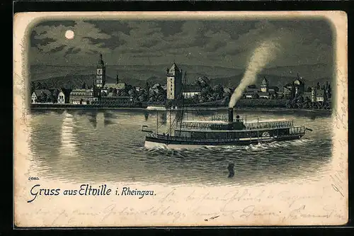 Mondschein-Lithographie Eltville /Rheingau, Ortspanorama mit Dampfer