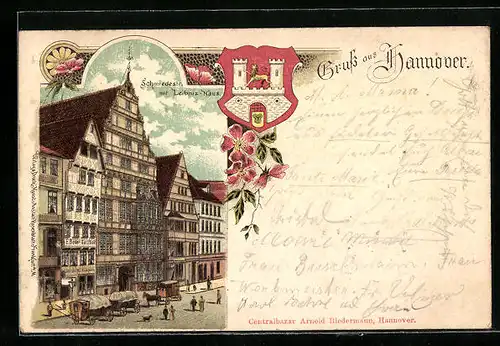 Lithographie Hannover, Schmiedestrasse mit Leibniz-Haus, Wappen