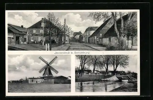 AK Jevenstedt bei Rendsburg, Strassenpartie, Windmühle, Brücke