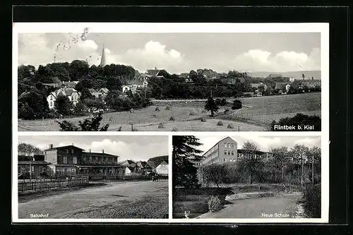 AK Flintbek bei Kiel, Panorama des Ortes, Bahnhof, Neue Schule
