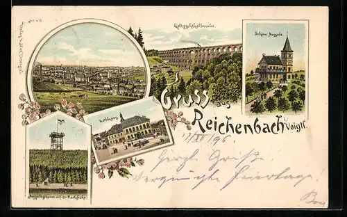 Lithographie Reichenbach i. V., Ortsansicht, Göltzschtalbrücke, Rathhaus