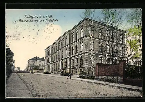 AK Reichenbach i. V., Strassenpartie mit Realgymnasium und Realschule