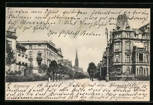 AK Hannover, Partie in der Bödeker-Strasse mit Blick auf Kirche