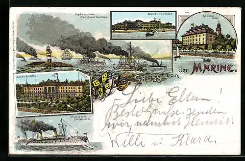 Lithographie Friedrichsort, Marine-Academie, Geschwader beim Leuchtthurm, Kaserne, Schloss in Kiel
