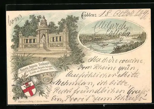 Lithographie Coblenz, Ortsansicht mit Kaiserin Augusta-Denkmal