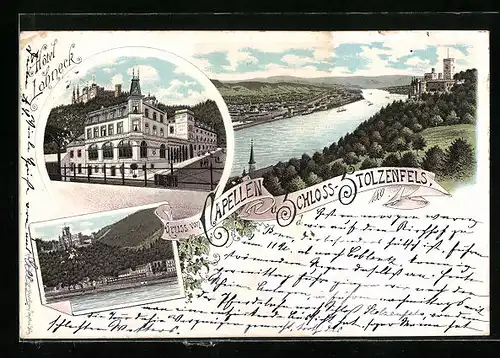 Lithographie Capellen, Hôtel Lahneck und Schloss Stolzenfels