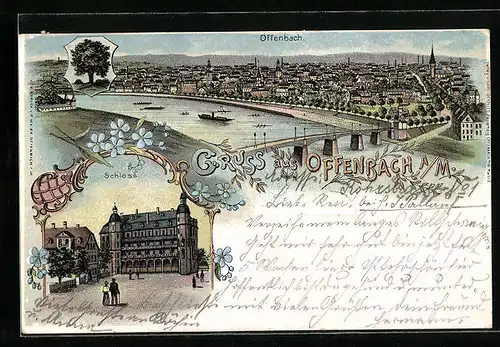 Lithographie Offenbach a. M., Ortsansicht mit Schloss