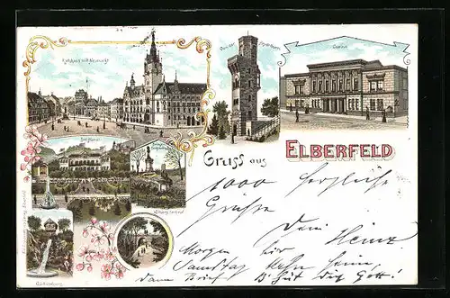 Lithographie Elberfeld, Rathaus mit Neumarkt, Casino, Die Hardt