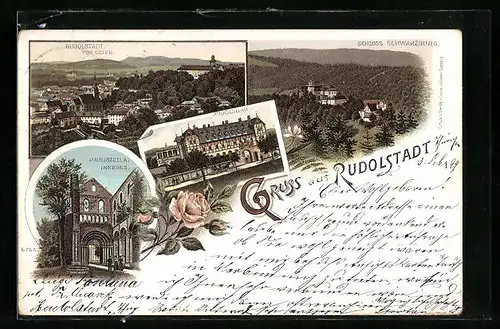 Lithographie Rudolstadt, Ortsansicht, Schloss Schwarzburg, Rudolsbad