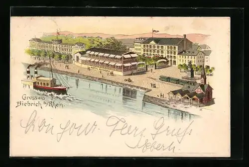 Vorläufer-Lithographie Biebrich a. Rhein, 1894, Hotel Nassau mit Dampfer